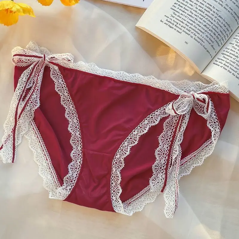 Red Natal Year Can Be Untied Lace-up Girl Pure Desire Sexy Lace Panties Women's Low-rise Briefs Sweet Soft Breathable Underwear