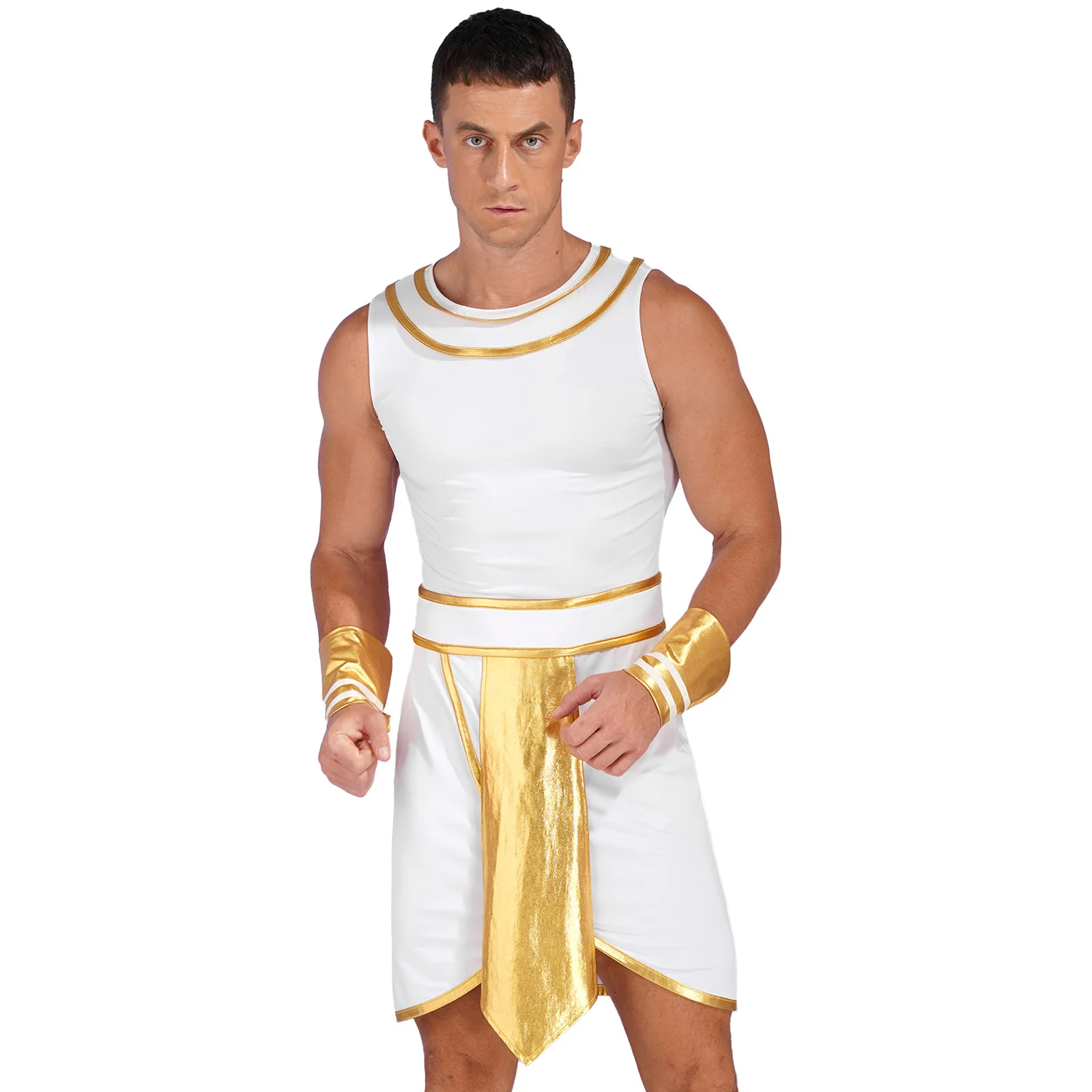 

Ancient Mens Egypt Priest Role Play Costume Egyptian Pharaoh Cosplay Dresses Sleeveless Dress with Cuffs Halloween Dress Up