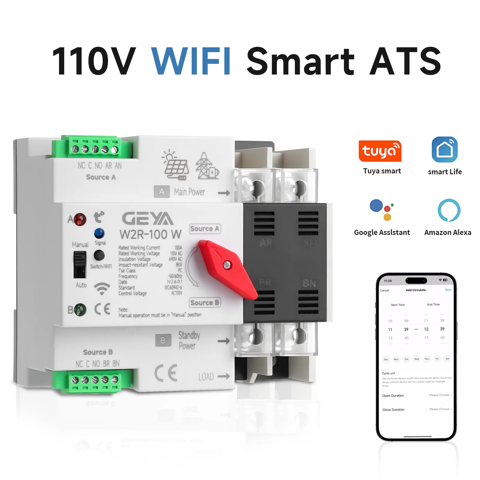 110V 100A WiFi Smart Remote Control ATS 2P 3P 4P Dual Power Automatic Transfer Switch Selector Uninterrupted Power Switch