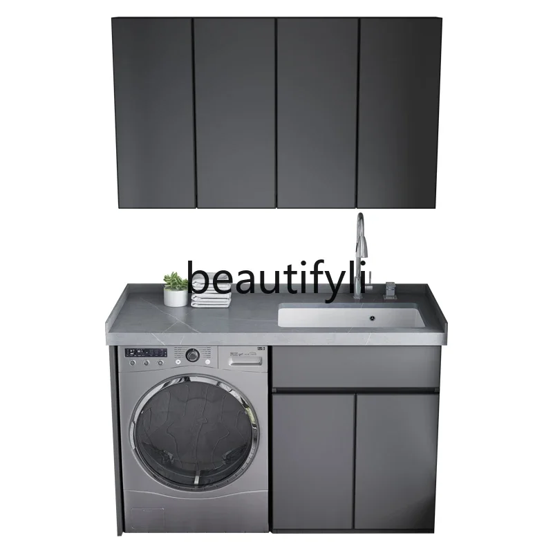 

Rock slab high and low basin integrated cabinet ceramic laundry basin with washboard space aluminum laundry cabinet combination