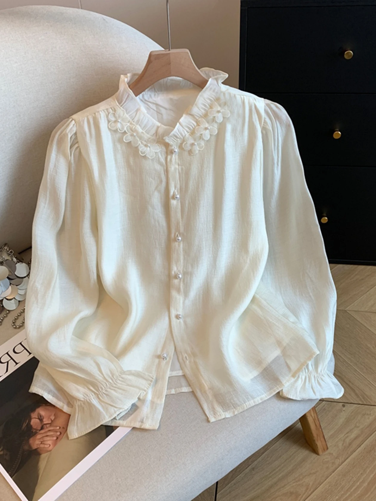 

High-End Korean Sle Loose Long Sve Stand Collar Silk irt Early Autumn Slimming Top Polyester Fiber Casual Wear