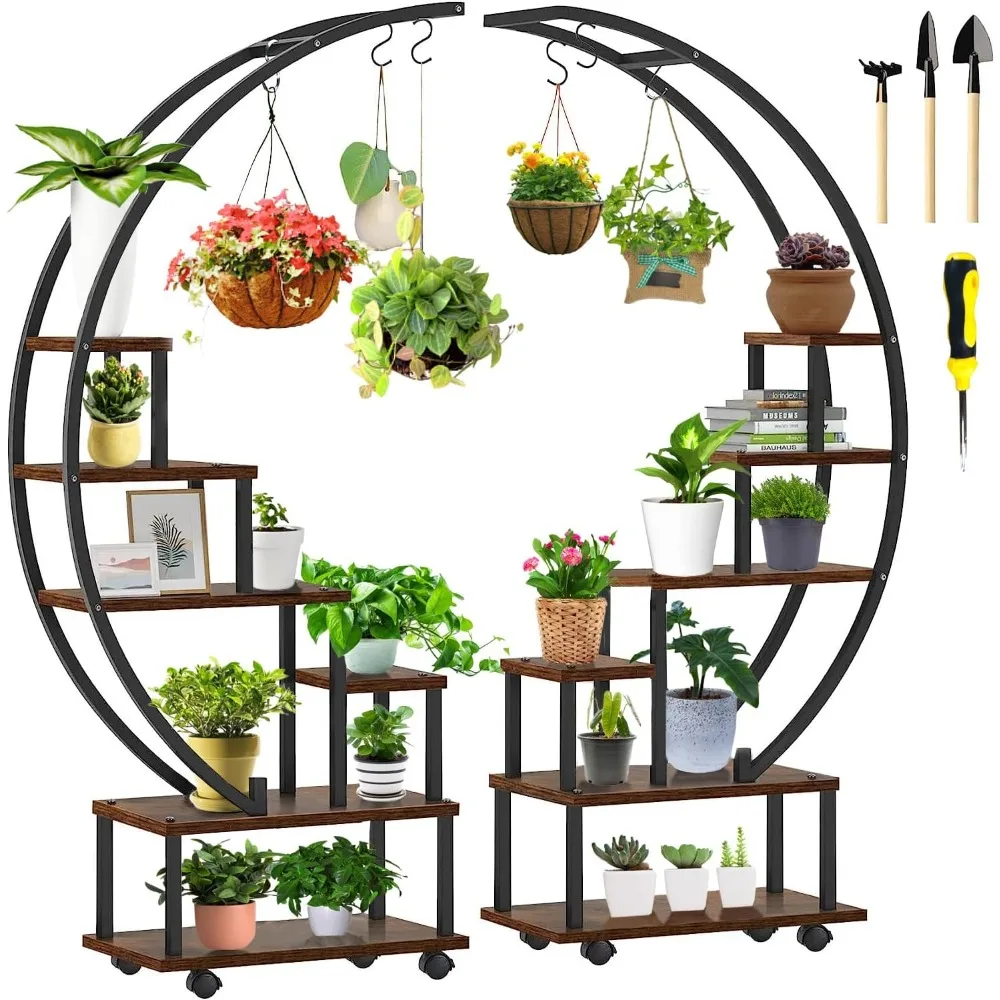 2 pcs 6 Tier Tall Metal Plant Stand Indoor, Half Moon Shape Large Plant Shelf with Detachable Wheels, Curved Ladder Flower Pot