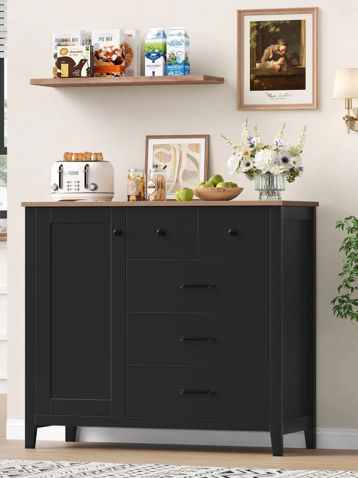 Sideboard, Küchenschrank mit 5 Schubladen und 1 Tür, Buffetschrank mit Arbeitsplatte für Küche, Esszimmer, Wohnzimmer, Flur