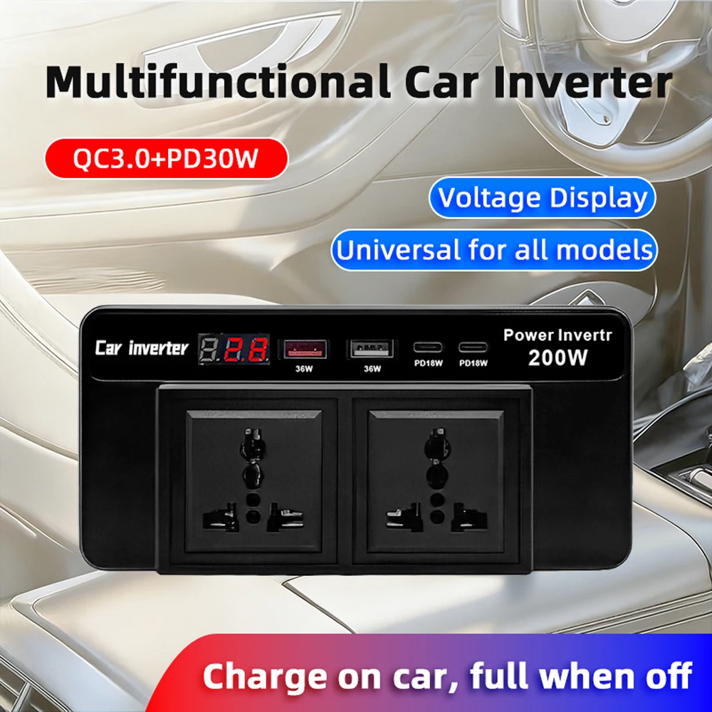 AC Socket DC/AC Converter 200W ​Car Inverter Auto Accessories With USB Type-C Charger Port QC 3.0 DC 12V to AC 220V