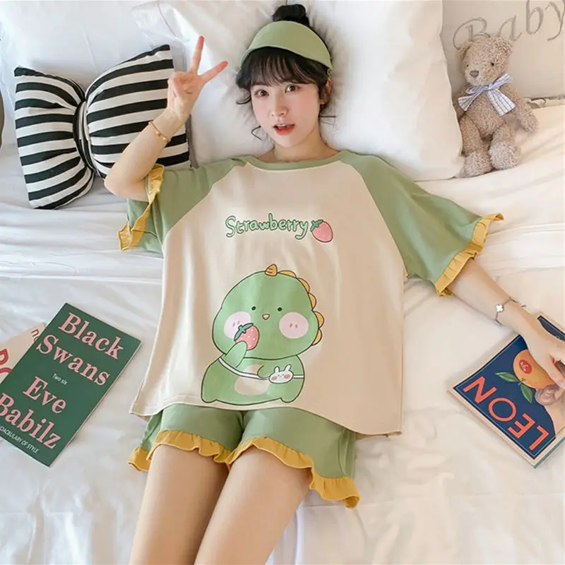 2PCS/Set Pajamas Ladies Short-Sleeved Loose Version Students Large Size Princess Style Strawberry Dinosaur Kawaii Cute Homewear