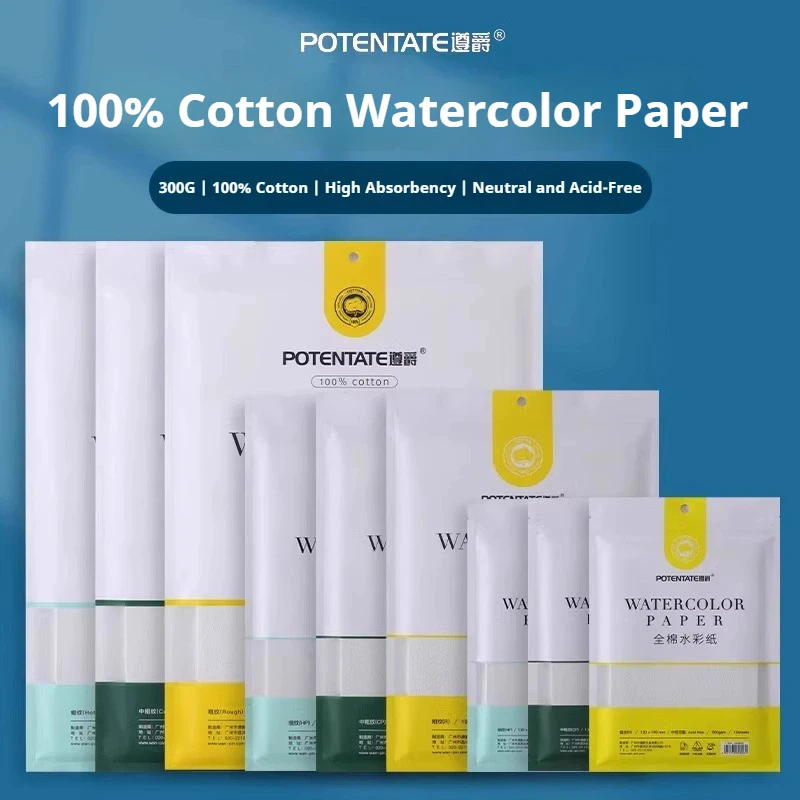 POTENTATE 300g 100% Cotton Watercolor Paper Cold Press Hot Press Sketching Painting 16K 32K Portable Watercolor Paper Postcard