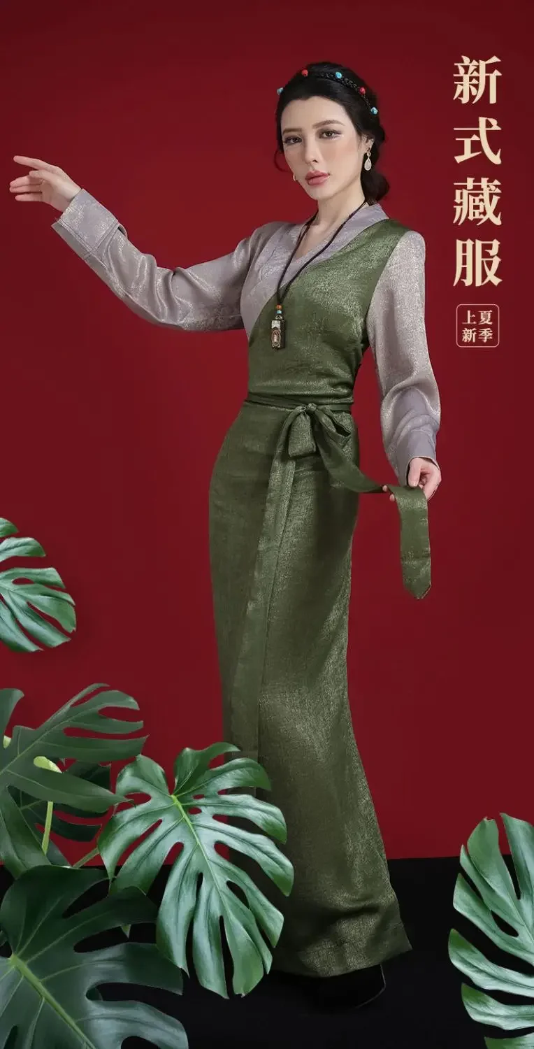 新しいチベット民族風スプライシング旅行写真撮影服、改良されたラサ服女性用