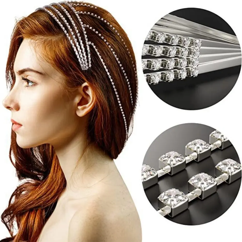 Exaggerated Design Rhinestones Tassel Headband Luxury Reflection Long Tassel Hair Hoop Headpiece Multi Layered