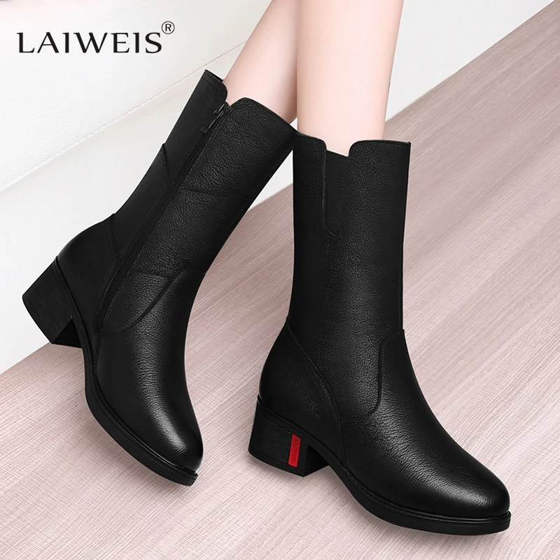 Footwear Half High Women Boots Middle Heel Shoes for Woman Black Mid Calf Fashion 2024 Designer Luxury Goth Genuine Leather Boot