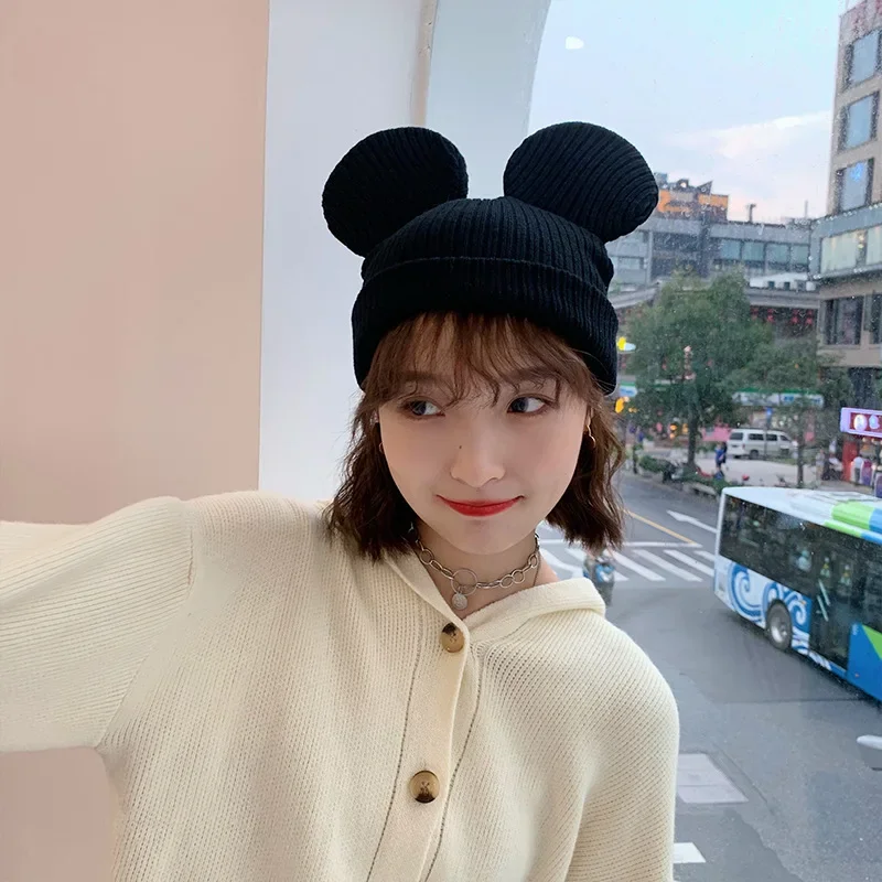 Disney Mickey Mouse Ear Knitted Hat For Men Women Caps Wool Fashion Cartoon Warm Skullies Beanies Hip-hop Personality Cold Hat