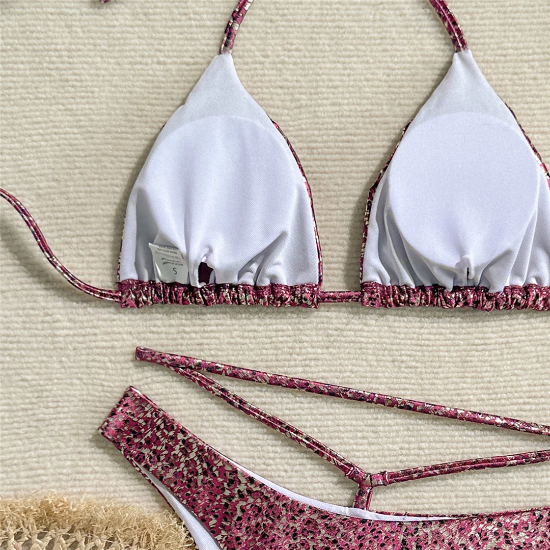 Sexy bedruckter PU-Kunstleder-Neckholder-Bikini, Damen-Badeanzug, zweiteiliger Bikini-Set, Badebekleidung, Badeanzug, Schwimmanzug V6579 – Detail 11