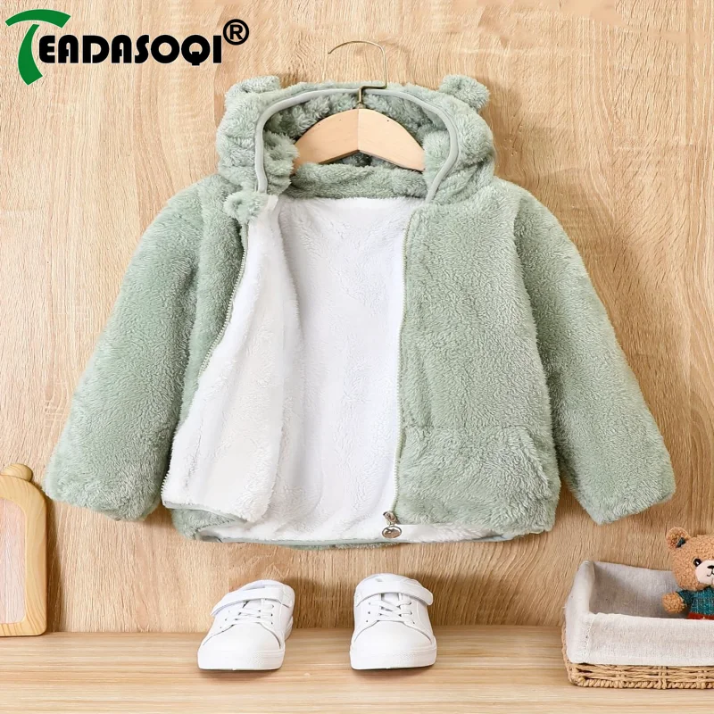 Baby Girls Autumn Winter Clothing Cute Boys Children's Fleece Jacket Soild Color Long Sleeved Hooded Kids Wool Sweater Coat 2-6Y