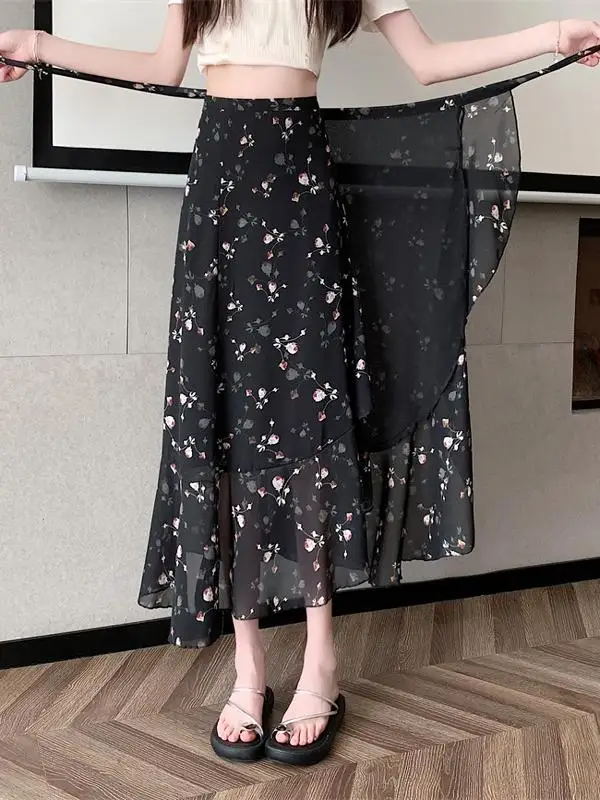 

Женская летняя тонкая шифоновая юбка миди с цветочным принтом, А-силуэт, фееричная юбка из тюля