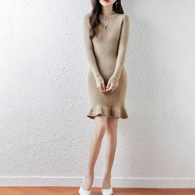 

Autumn and winter new women's 100% wool sweater dress long sleeved knitted slim fit sexy long style women's O-neck pullover swea