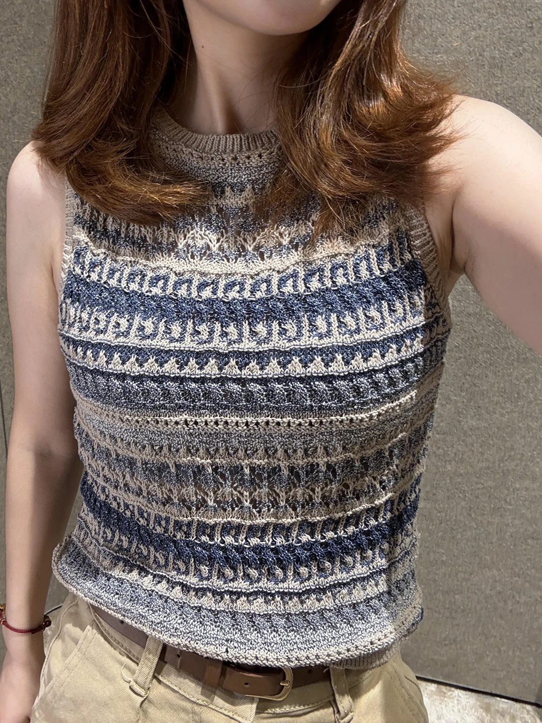 

Early Autumn Blue Stripe Knitted Hollow out ort Svel Vest Top Women's College Sle Faion Breathable Casual Wear
