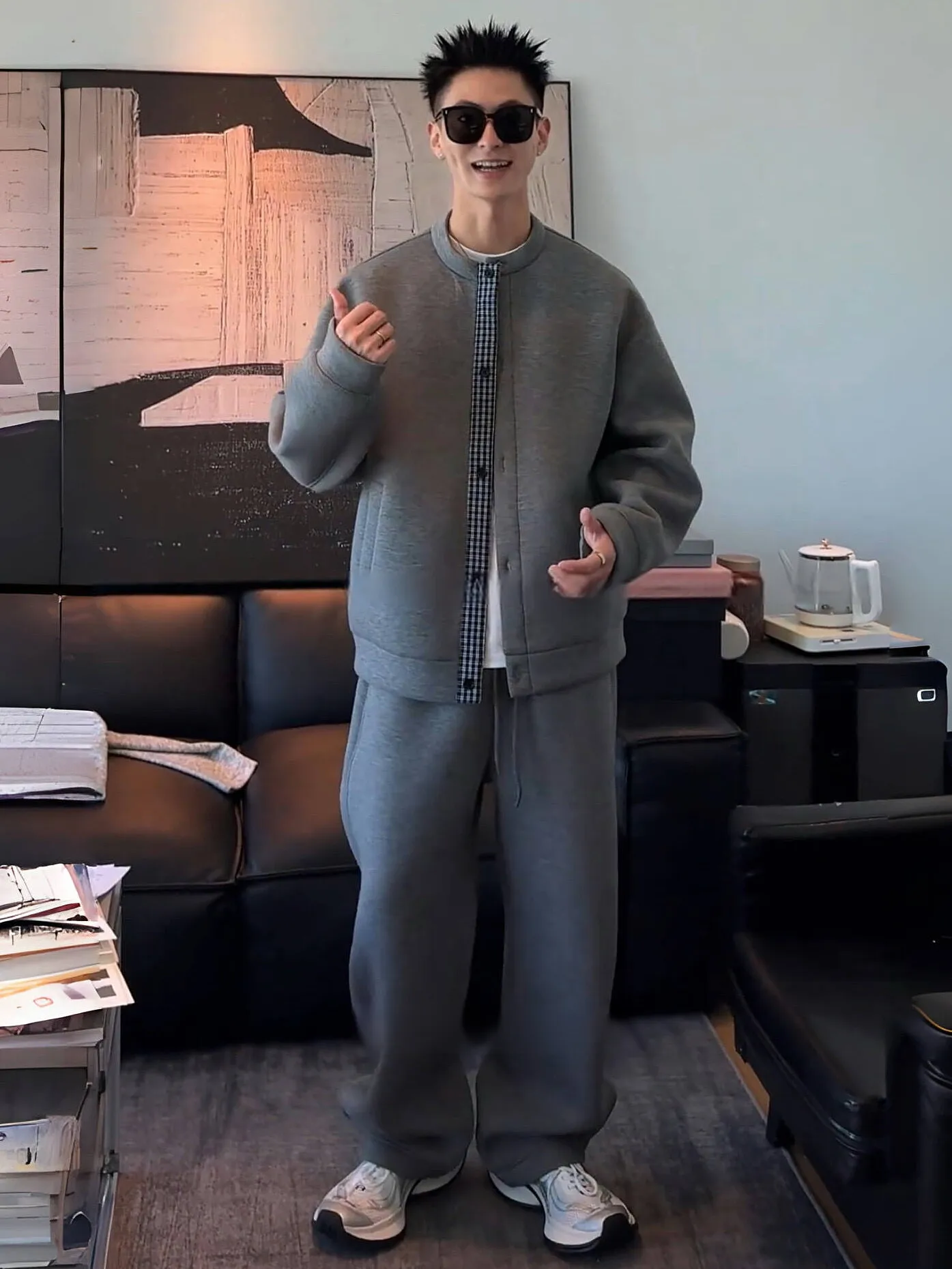 

Fall New Heavyweight Patchwork Casual Set Men's Simple High-End Faion Outerwear Sweatpants Two-Piece Set Cotton Polyester