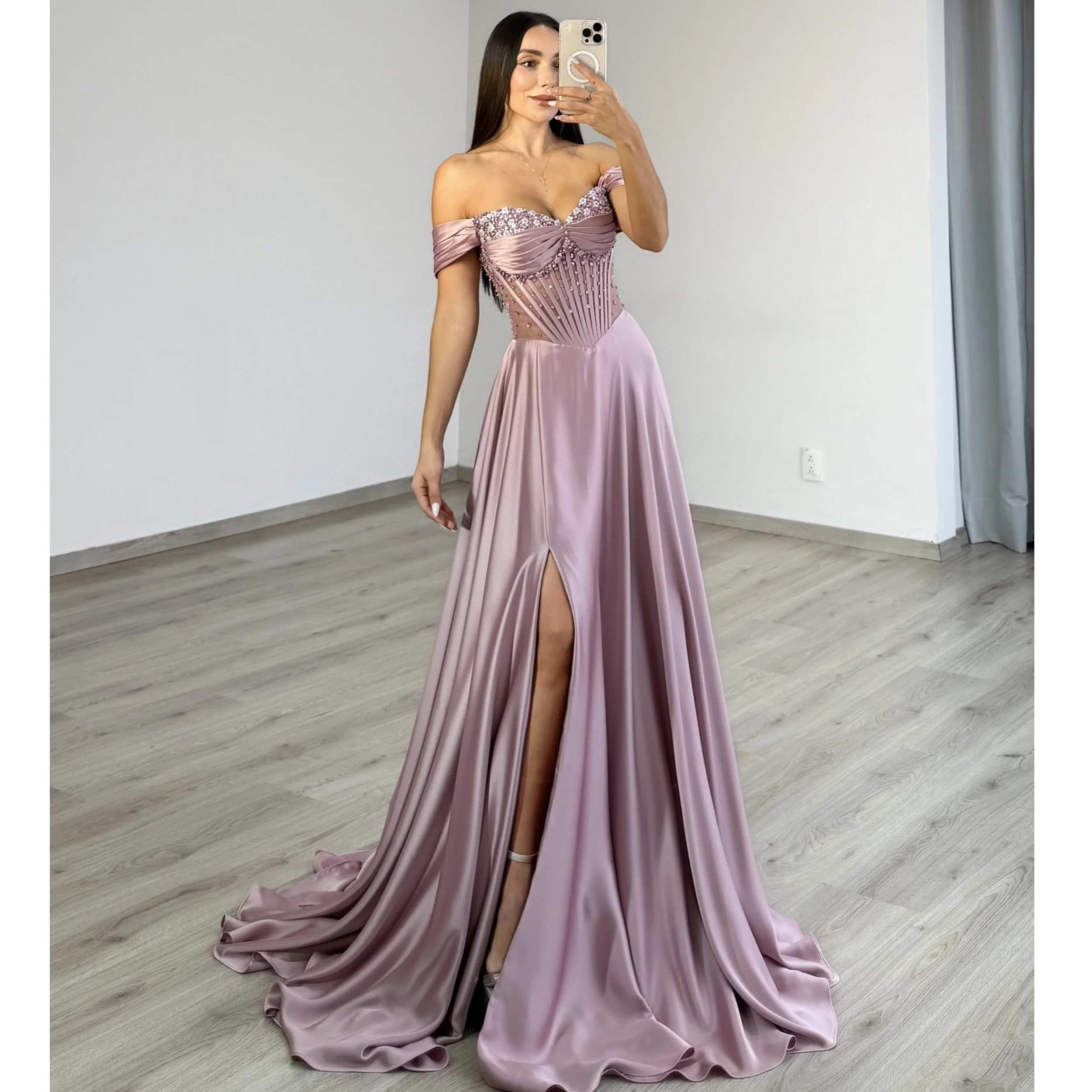 

Boho Dusty Pink Prom Dress for Women Sweetheart Beading Formal Evening Gowns Stain High Slit Customized Vestido de Noche