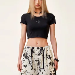 Spicy Girl tight Casual T-shirt 2000s Y2K Cut Short Top Cross Print T-shirt Street Wear