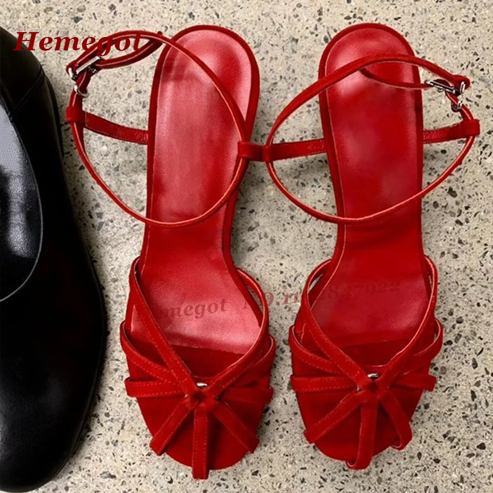 

Women's Red Suede Crisscross Strap Sandals Open Toe Ankle Buckle Kitten Heels Sandals Elegant Casual Shoes Hollow Roman Shoes