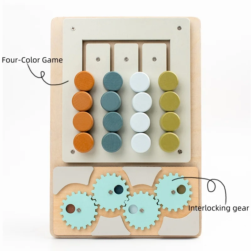 Il giocattolo di corrispondenza dei colori con ingranaggi in legno presenta una varietà di disegni di ingranaggi colorati I bambini hanno esploderà praticano corrispondenza e develo