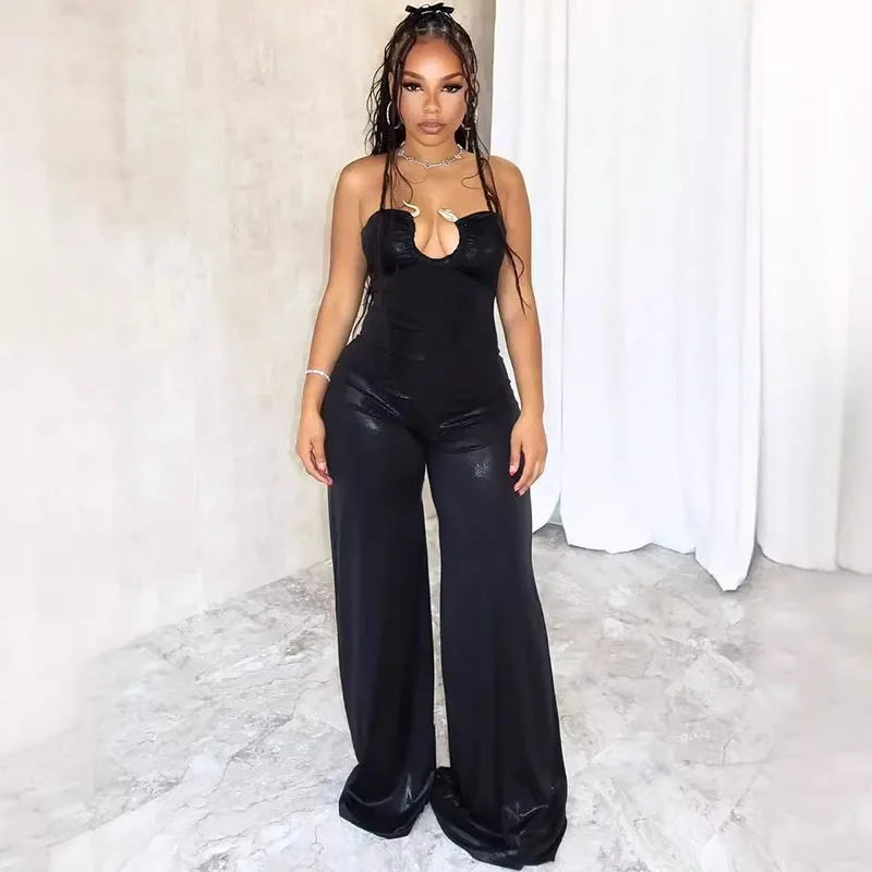 

Sexy Night Club Party Romper for Women Jumpsuits Elegant Sleeveless Strapless Metal Ring Wide Leg Pants Overalls Body Femme Chic