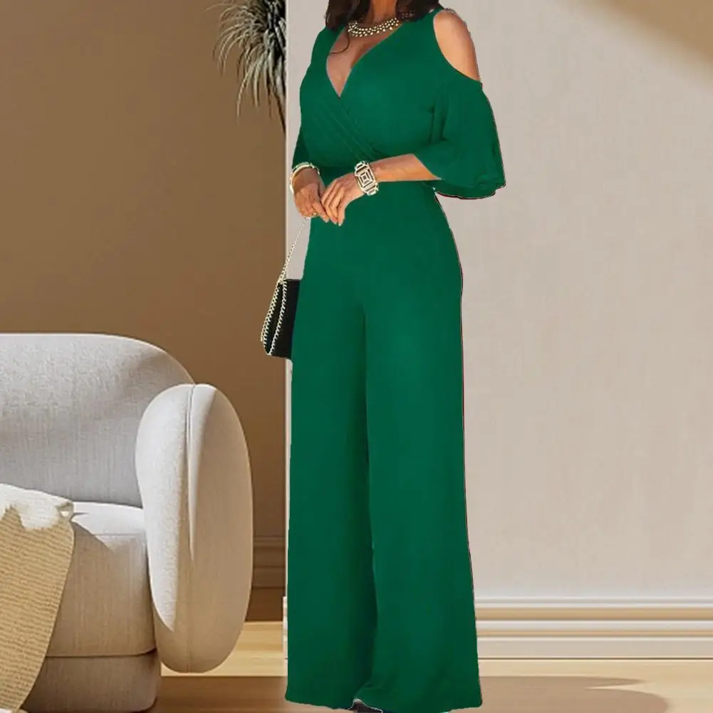 2023 Spring And Autumn Women Jumpsuit Hollowed Out Strapless Solid Color Women Jumpsuit V-neck High Waist Belt Wide-leg Pant