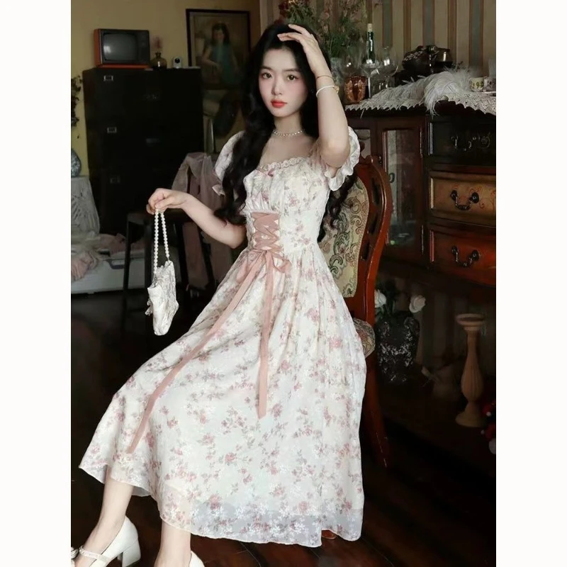 2025 letnia koronkowa koreańska sukienka wróżki kobiety kwadratowy kołnierzyk księżniczka Kawaii kwiatowy Midi sukienka damska bandaż słodkie sukienki moda