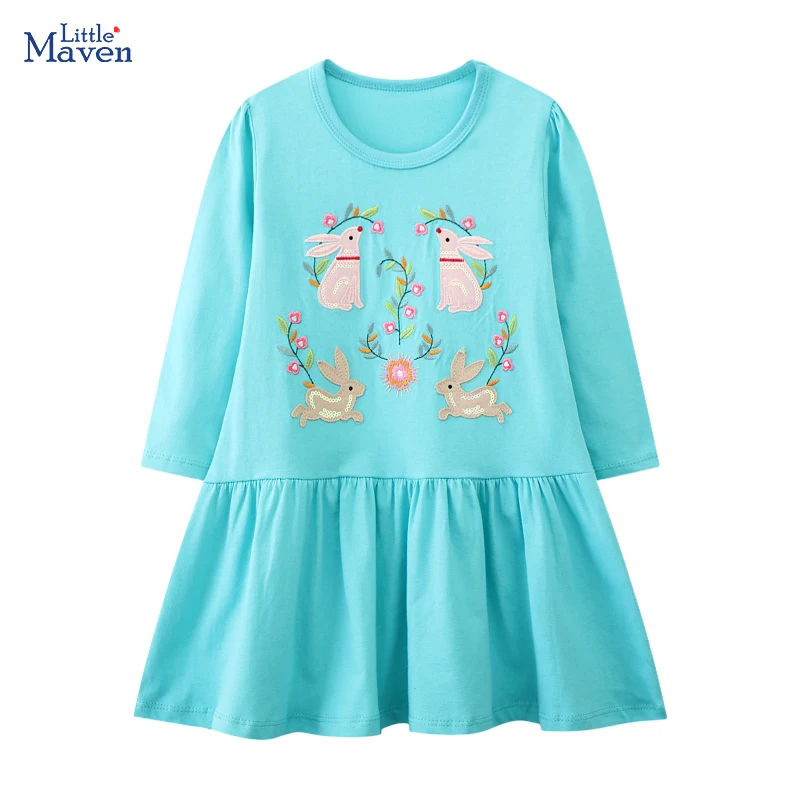 Little maven Baby Girls Party Dress Cotton Kids Casual Dress Animal Rabbits Little Girls Long Sleeves Dresses Autumn Spring