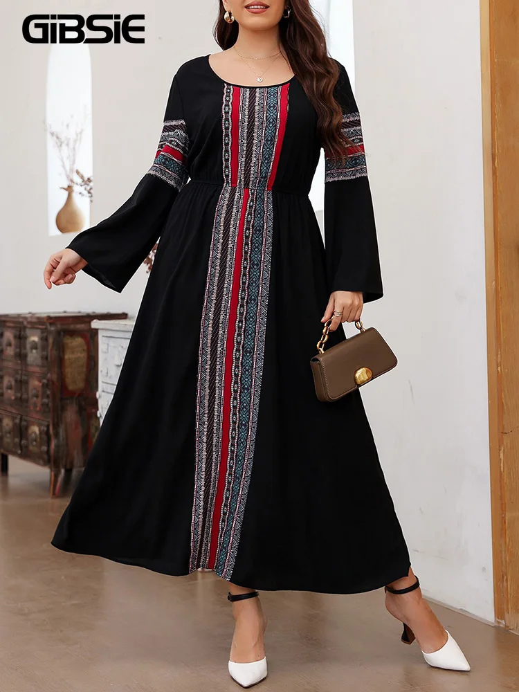 

GIBSIE Большие размеры, длинное платье с принтом в этническом стиле в стиле ретро, женское 2026, весеннее новое повседневное эластичное платье трапециевидной формы с круглым вырезом и длинными рукавами