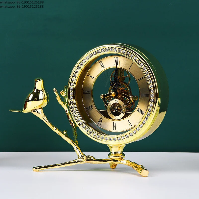 Retro table clock home decoration gold bird shaped metal antique style retro desktop clock suitable for home decoration