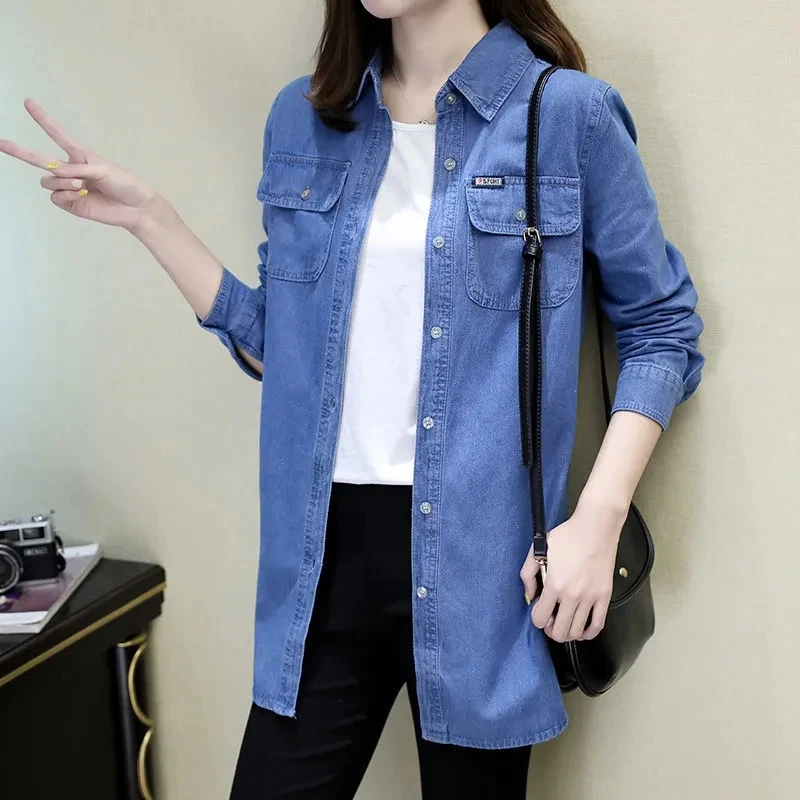 Casual Denim Shirt Women's 4XL New Long-sleeved Korean Loose Denim Coat Tops Female Spring Autumn All-match Jeans Jacket Outwear