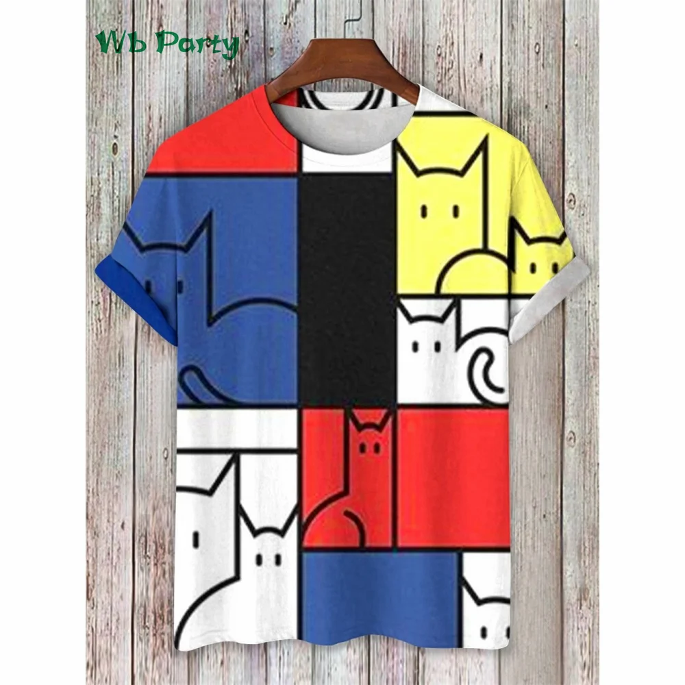 Funny Cartoon Cat Print Men's T-Shirt Fashion Stylized Art Casual Short Sleeve T-Shirt Summer Oversized Men's Outdoor Casual Tee