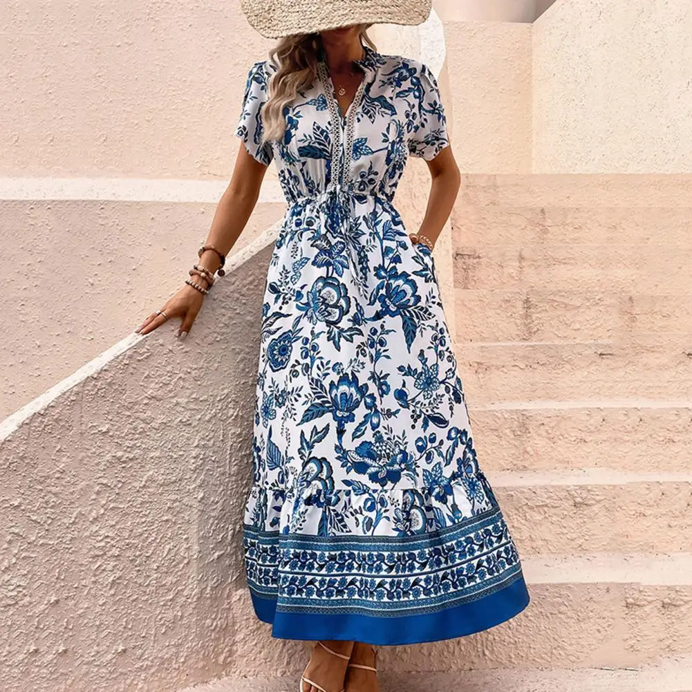 

Women Contrast Color Dress Ethnic Style Floral Print Maxi Dress with Lace-up Waist V Neck Women's Summer Vacation A-line Ankle