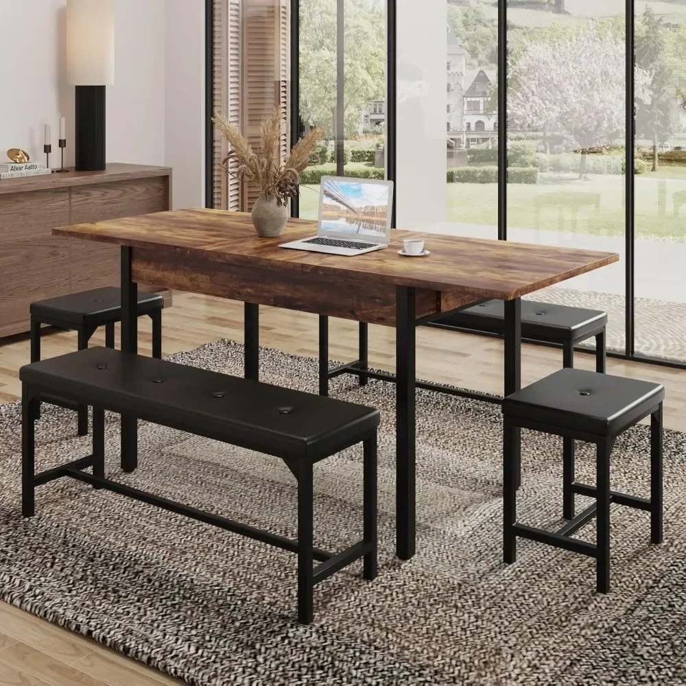 5-Piece Dining Table Set for 4-8, Kitchen Table Set with Metal Frame & Wooden Board，63