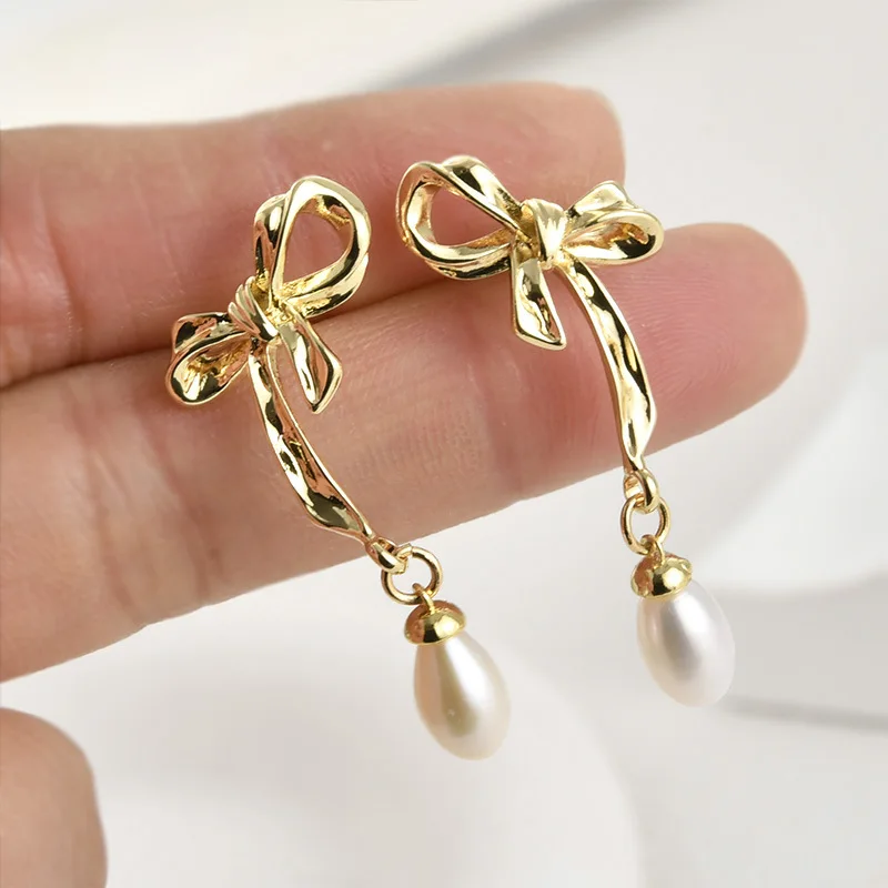 14k Electroplated Real Gold Color Retention Bow Stud Earrings Left and Right Pair of DIY Handmade Pearl Earrings Accessories