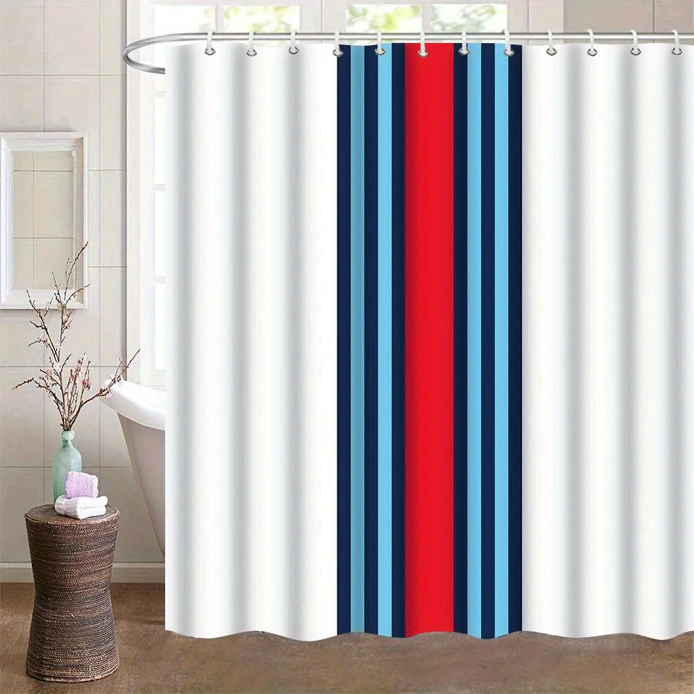 Martini Racing Stripe Printed Shower Curtain with Hook-Thickened Polyester, Red and Blue Stripe Design Shower Curtain 180x200cm