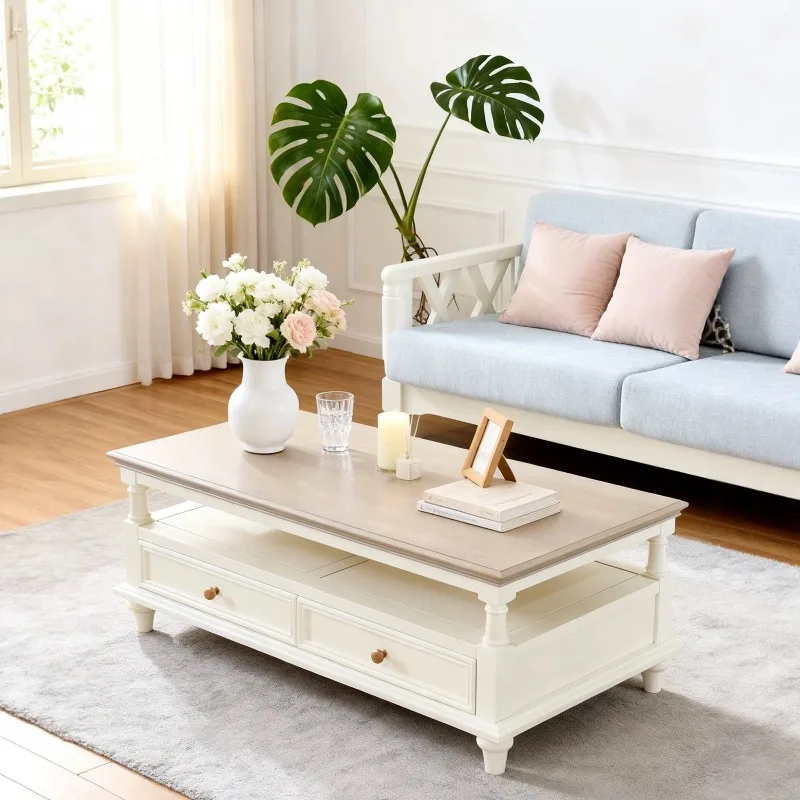 White cream wind all solid wood coffee table retro living room home small apartment furniture 1.2/1 3/1.4 meters