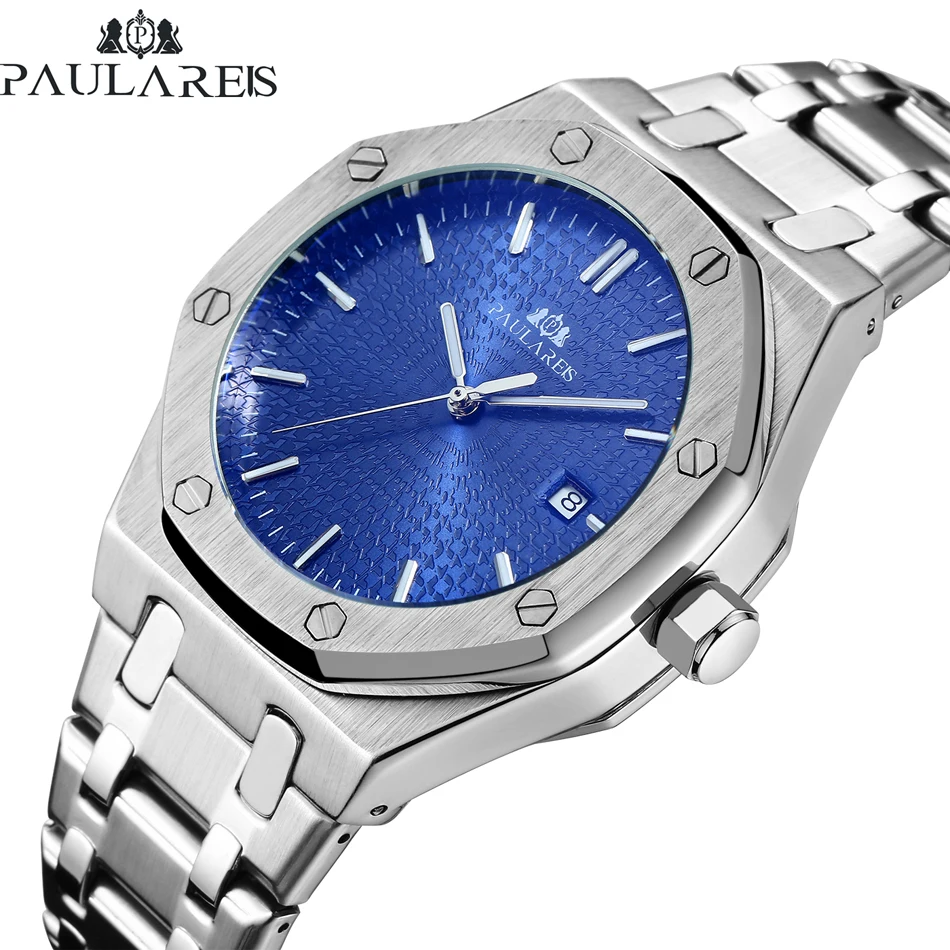 Men Automatic Self Wind Mechanical Stainless Steel Strap Business Blue Rose Gold Yellow Gold Fashion Watch