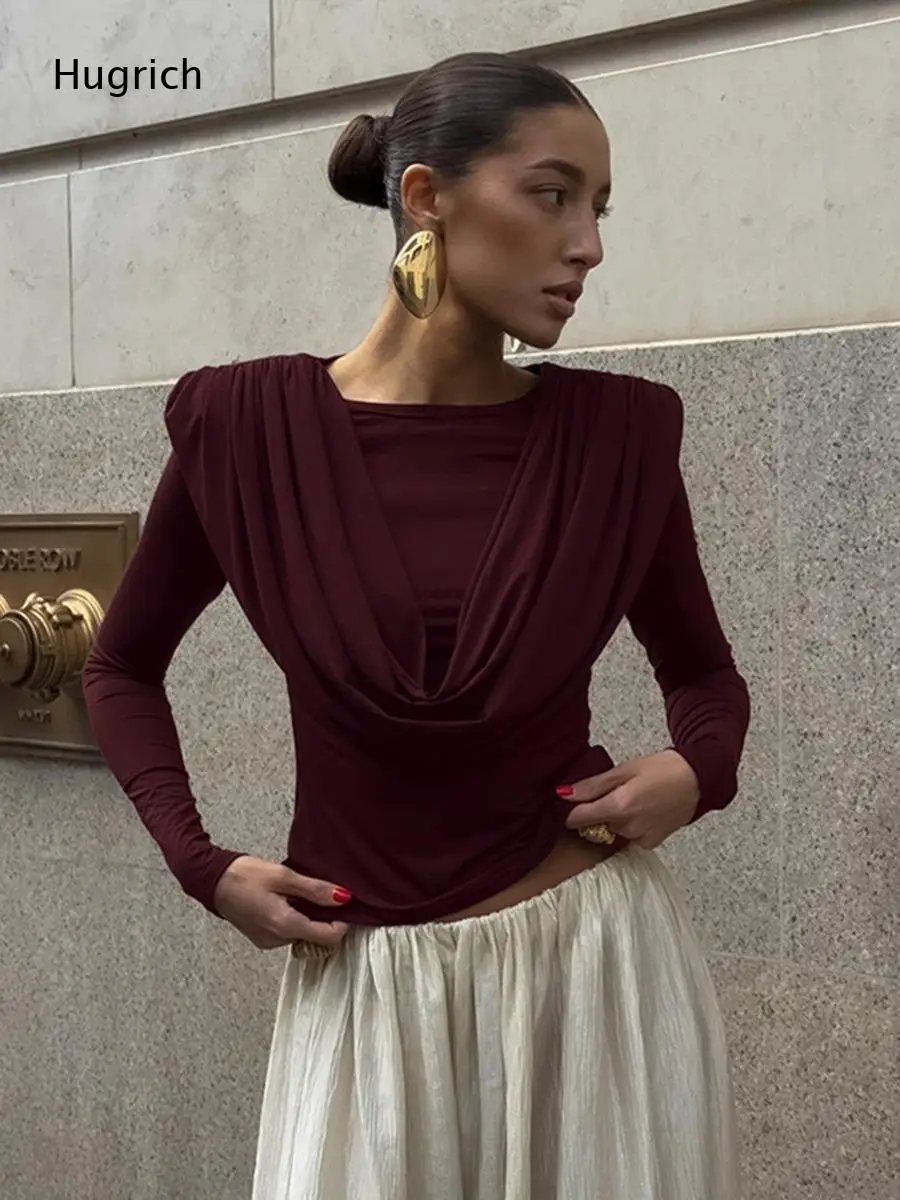 Women Black Draped Cowl Neck Long Sleeve Top Padded Shoulder Slim Fit Elegant Party Casual Blouse