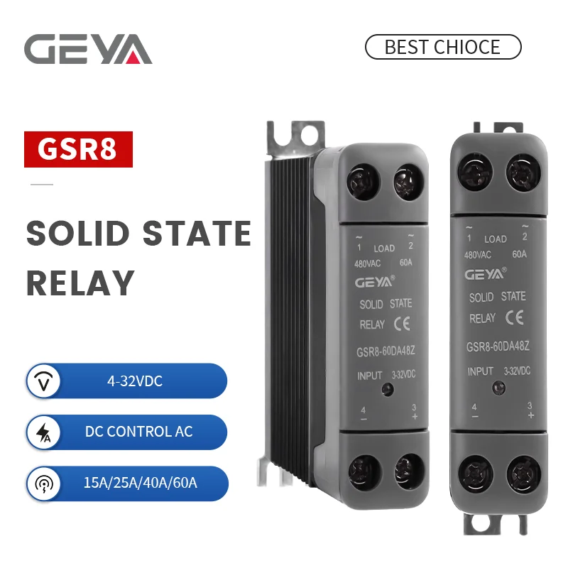 

GEYA GSR8 AC Output Solid State Relay 22.5mm Slim Width with Heat Sink Integrated Heatsink DC to AC Single Phase SSR DIN Rail
