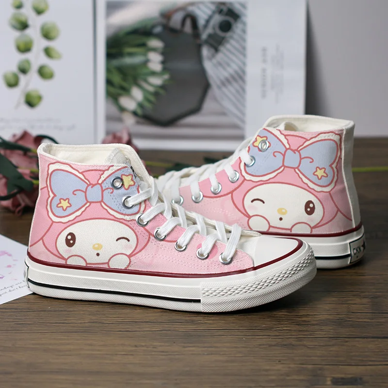 Kawaii para Anime płócienne buty Cartoon Cinnamoroll moja melodia w stylu ulicznym dla studentów na zewnątrz antypoślizgowe płócienne buty sportowe