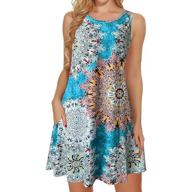 

2025 New Women's Summer Dress Beach Casual Sleeveless Floral Print Vest Loose Sundress with Pockets