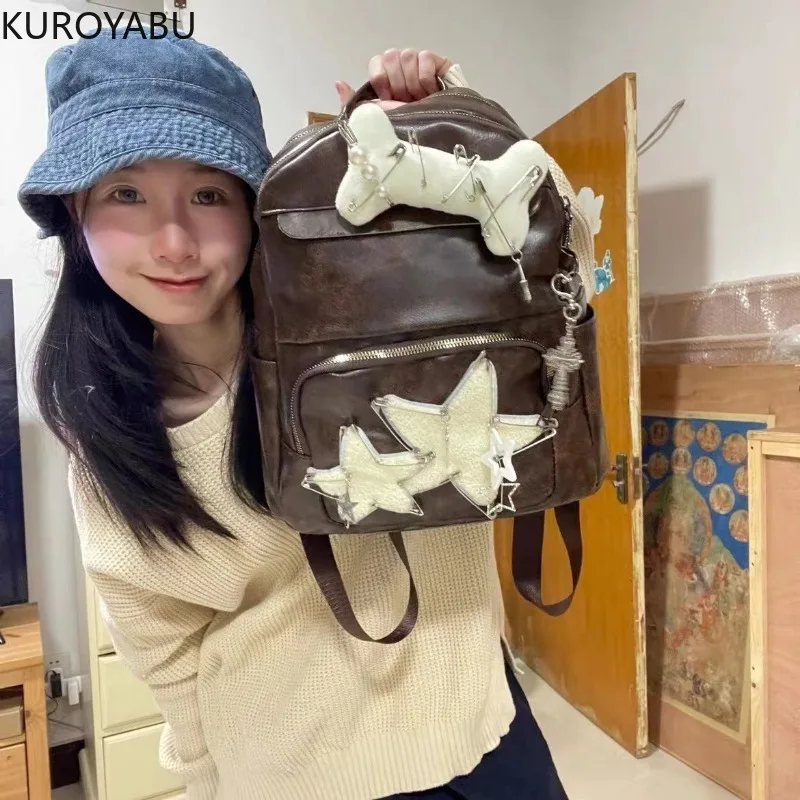 Streetwear Y2k Japanese Harajuku Star Bone Fashion Backpacks Leather Vintage Large Capacity Cool Spicy Girl Backpack Schoolbags