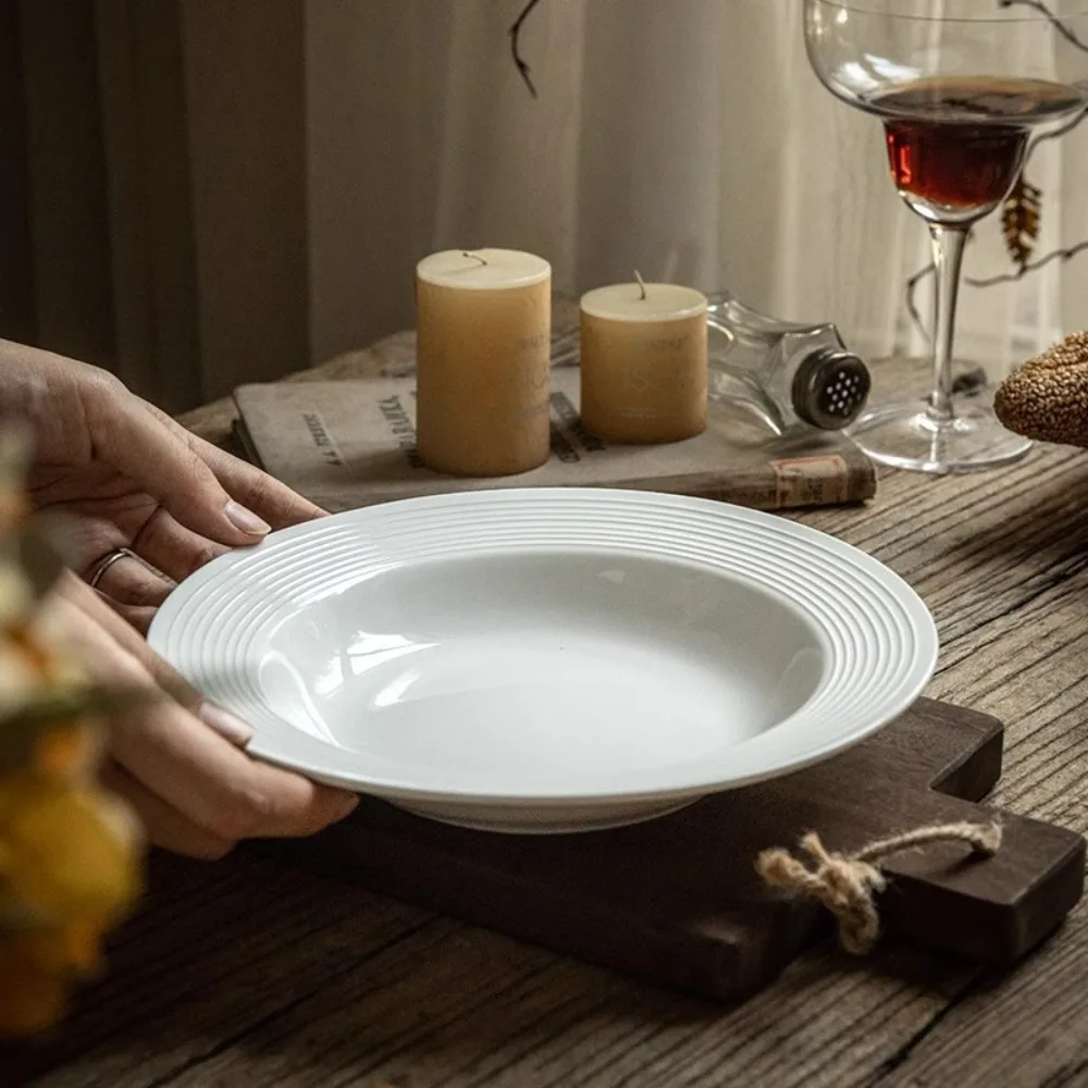 2PCS Japanese-Style Ceramic Straw Hat Plate Threaded Pattern Round Dessert Dish White Under-glaze Painting Serving Dish Salad
