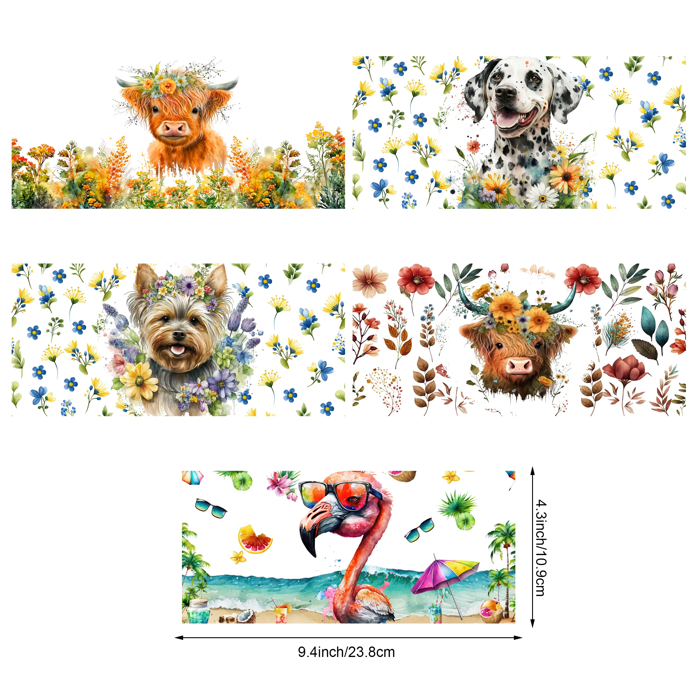 5 sheets of Animal,UV grade waterproof and scratch-resistant self-adhesive paper,3D crysta for DIY mugs,water bottles,glass cups