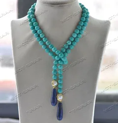 Z11989 36'' Blue Drop Lapis-Lazuli Green Turquoise Gold-Plated Pearl Necklace