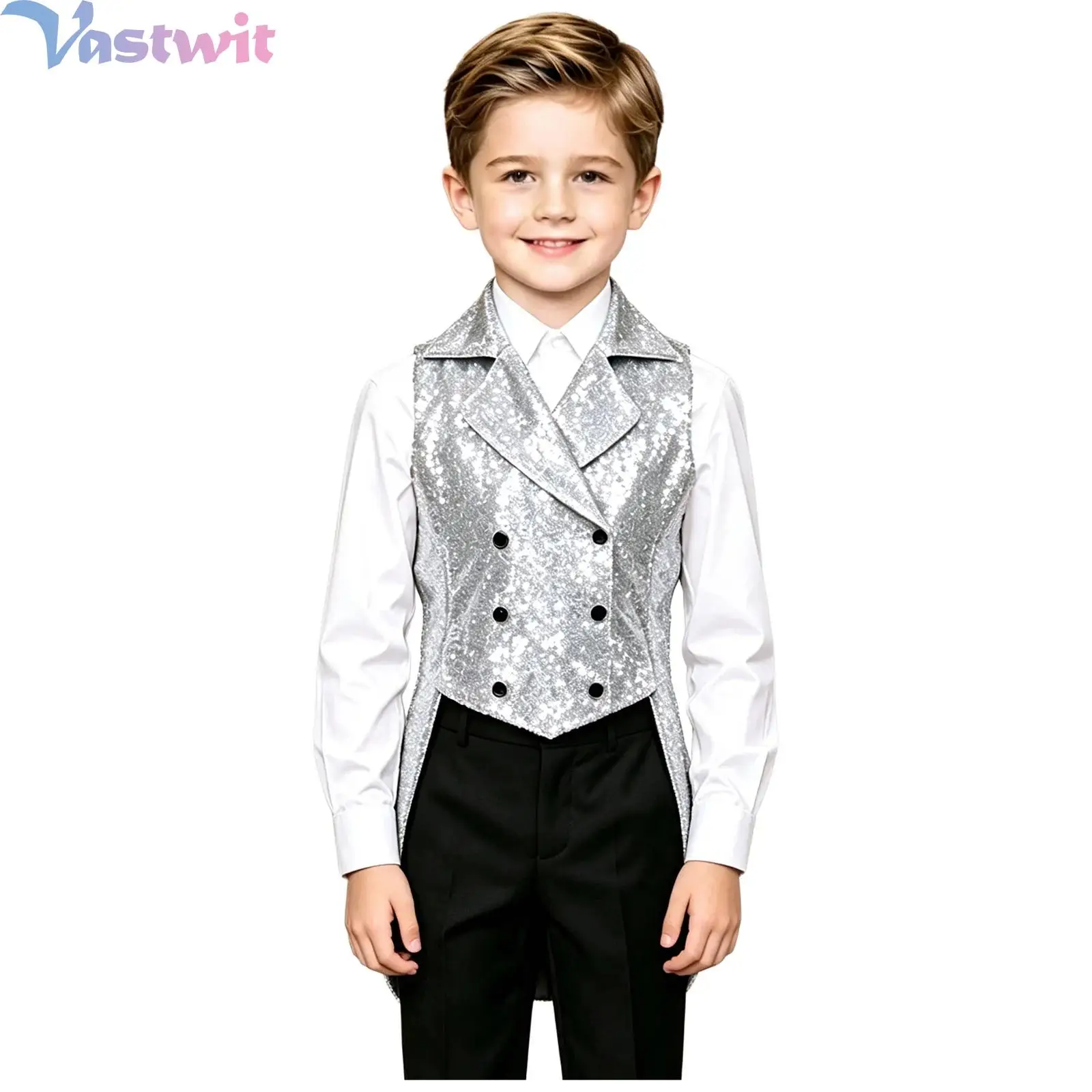 Kids Boys Glittery Sequin Tailcoat Vest Lapel Collar Double-breasted Party Vest for Magic Shows Performances Wedding Parties