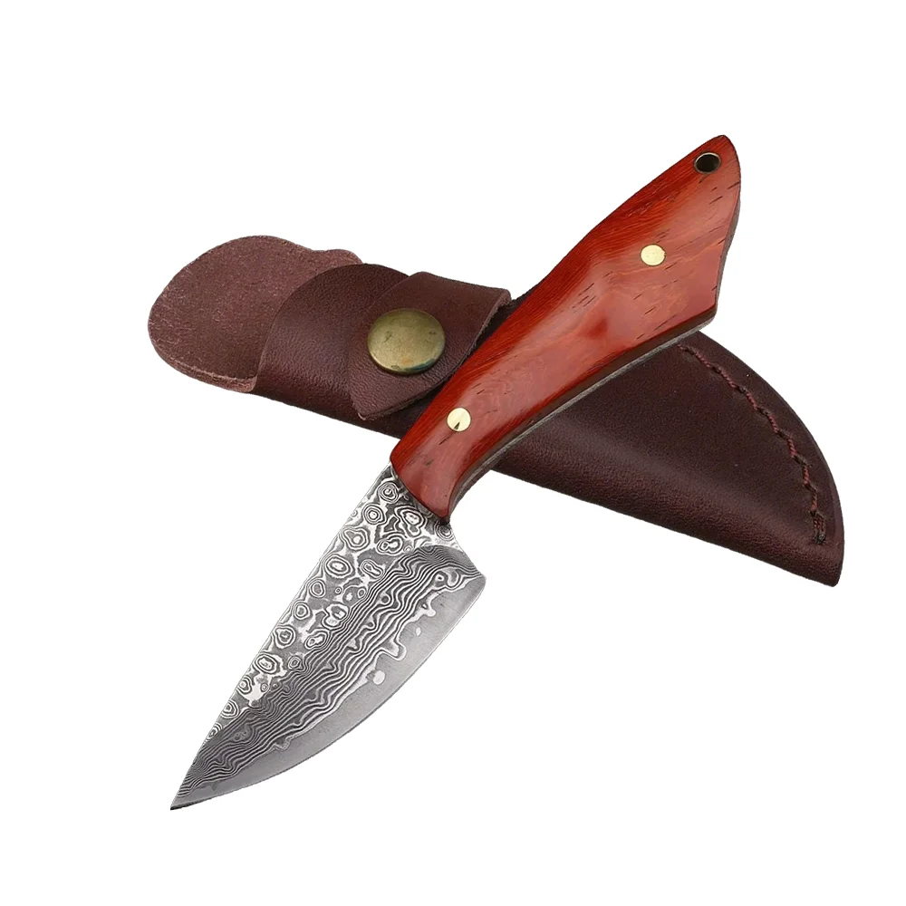 

Нож охотничий из дамасской стали VG10 с рукоятью из сандалового дерева, фиксированный клинок, для кемпинга, кухни, нарезки фруктов, уличный карманный инструмент EDC