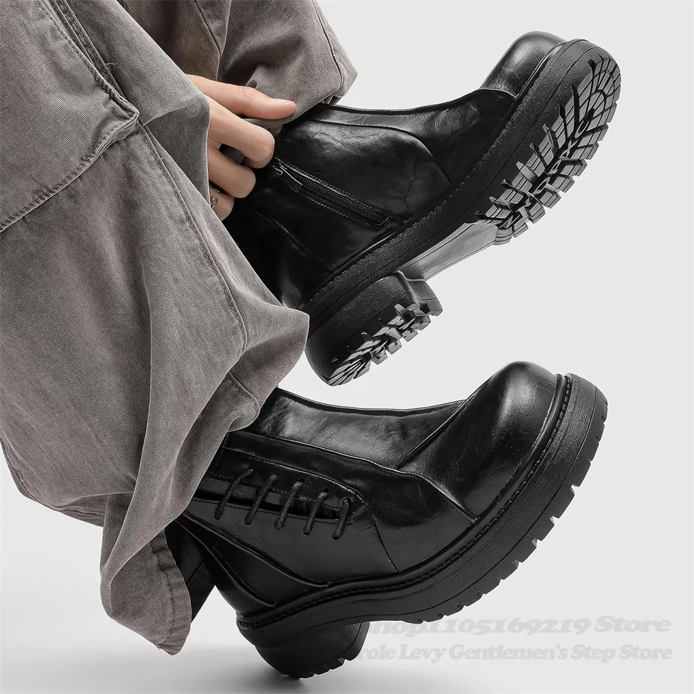 Black Thick Soled Inner Height Increasing Boots 10Cm Men and Women Round Toe High Top Side Zipper Leather Retro Short Boots