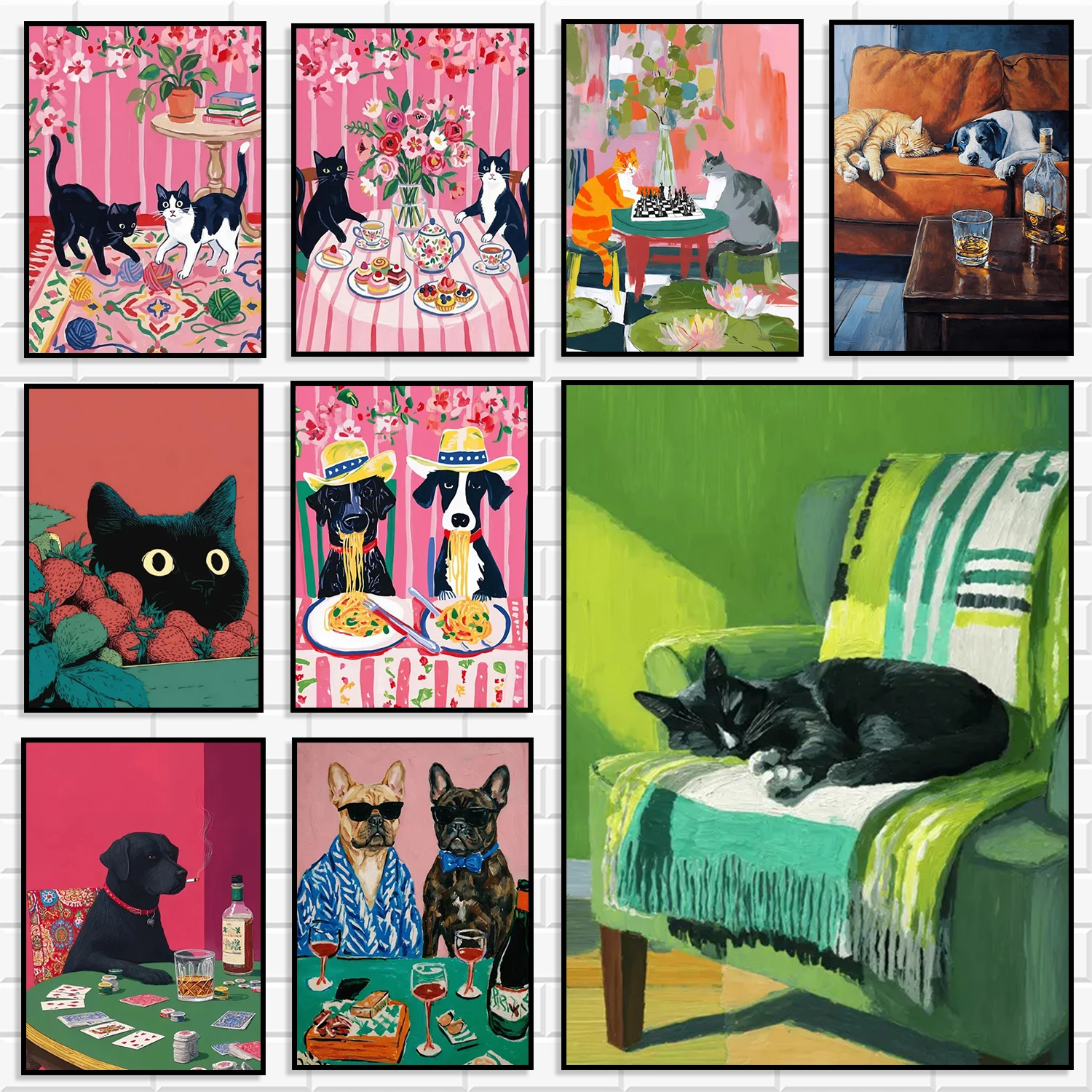 Funny Pet Canvas Prints Colorful Cat Dog Retro Animal Illustration Whimsical Nordic Boho Kitchen Bedroom Wall Decor Poster